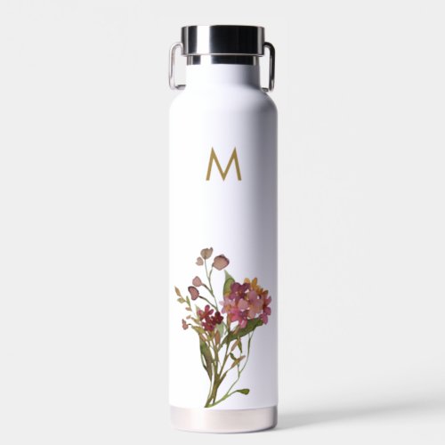 Modern Burgundy Pink Floral Watercolor Monogram Water Bottle