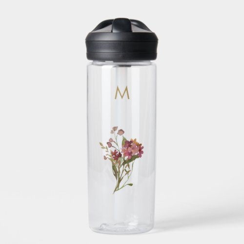 Modern Burgundy Pink Floral Watercolor Monogram Water Bottle