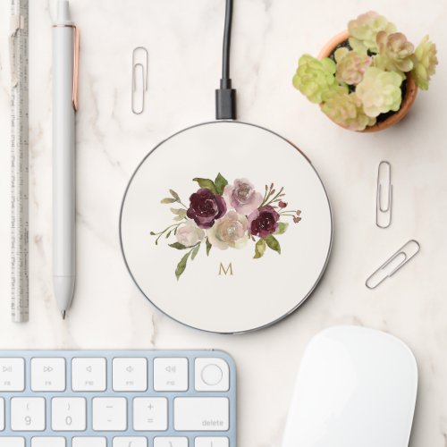 Modern Burgundy Pink Floral Watercolor Monogram Wireless Charger