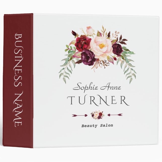 Modern Burgundy Pink Flowers Business Branding 3 Ring Binder (Front/Spine)