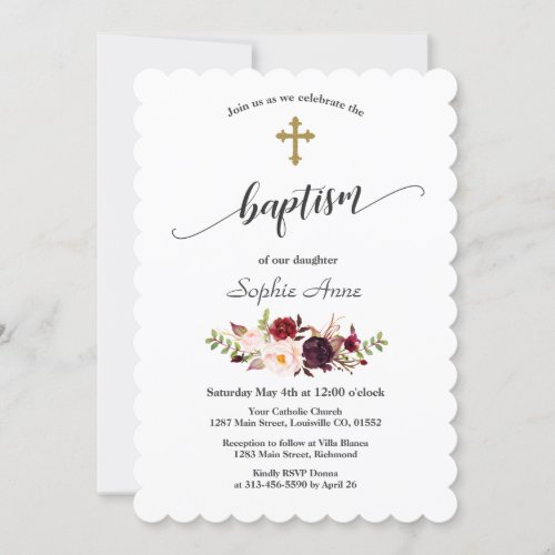 Modern Burgundy Pink Flowers Gold Cross Baptism Invitation