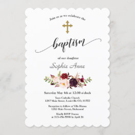 Modern Burgundy Pink Flowers Gold Cross Baptism Invitation