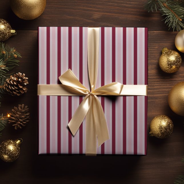 Modern Burgundy Pink Stripes Christmas Wrapping Paper (Creator Uploaded)