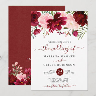 Modern Burgundy Pink Watercolor Floral Wedding Invitation