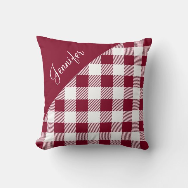 Modern Burgundy Plaid Gingham Pattern Name Throw Pillow (Front)
