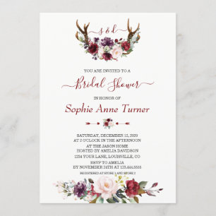 Modern Burgundy Plum Floral Antlers Bridal Shower Invitation