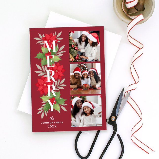 Modern Burgundy Poinsettia Merry Photo Collage Holiday Card (Creator Uploaded)
