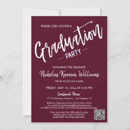 Modern Burgundy QR Code Photo Graduation Party Invitation