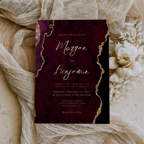 Modern Burgundy Red Agate Script Wedding Foil Invitation