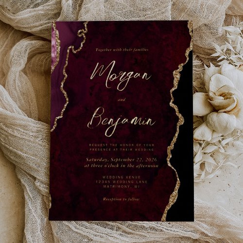 Modern Burgundy Red Agate Script Wedding Foil Invitation