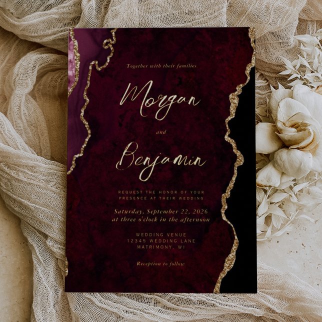 Modern Burgundy Red Agate Script Wedding Foil Invitation (Creator Uploaded)