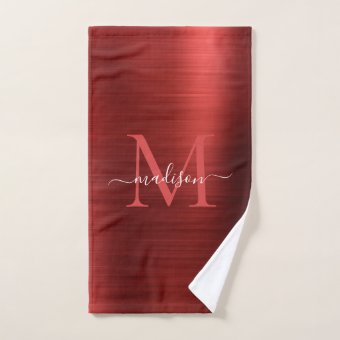 Modern Burgundy Red Brushed Metal Monogram Script Bath Towel Set | Zazzle