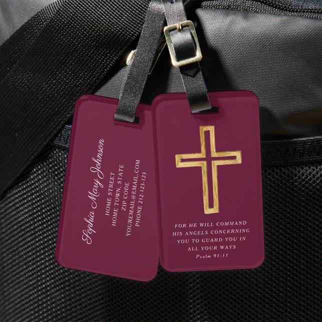 Modern Burgundy Red Cross Luggage Tag (Psalm 91:11 Blessed Travel Burgundy Religious Luggage Tag)