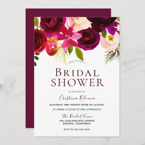 Modern Burgundy Red Floral Boho Bridal Shower Invitation