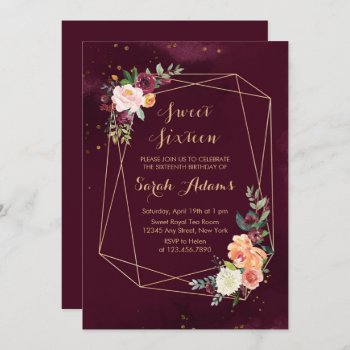 Modern Burgundy Red Floral Watercolor Sweet 16 Invitation by melanileestyle at Zazzle