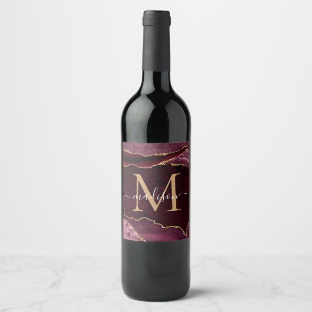 Modern Burgundy Red Gold Agate Geode Chic Monogram Wine Label (Front)