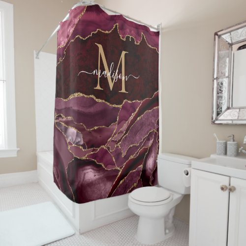 Modern Burgundy Red Gold Agate Geode Monogram Glam Shower Curtain