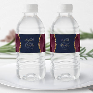 Modern Burgundy Red Gold Agate Navy Blue Wedding Water Bottle Label
