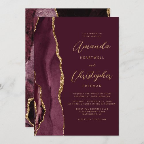 Modern Burgundy Red Gold Agate Script Wedding Invitation