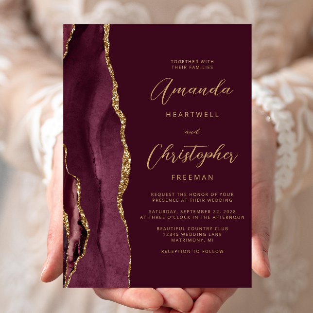Modern Burgundy Red Gold Agate Script Wedding Invitation (Creator Uploaded)