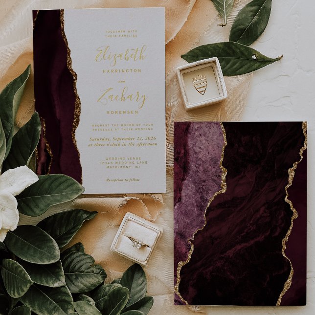 Modern Burgundy Red Gold Agate Wedding Foil Invitation (Creator Uploaded)