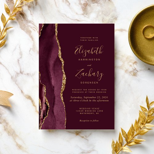 Modern Burgundy Red Gold Agate Wedding Invitation