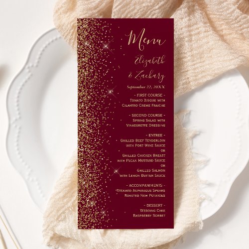 Modern Burgundy Red Gold Glitter Edge Wedding Menu