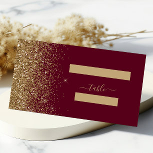 Modern Burgundy Red Gold Glitter Edge Wedding Place Card