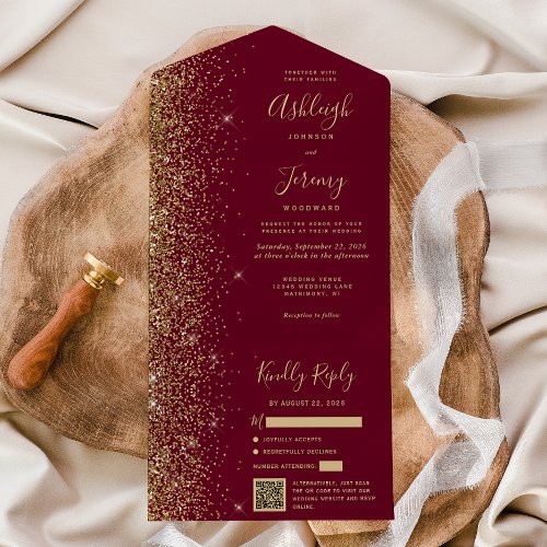 Modern Burgundy Red Gold Glitter QR Code Wedding All In One Invitation