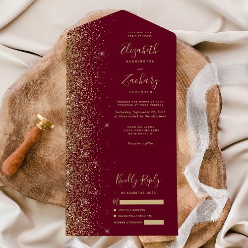 Modern Burgundy Red Gold Glitter Wedding All In One Invitation