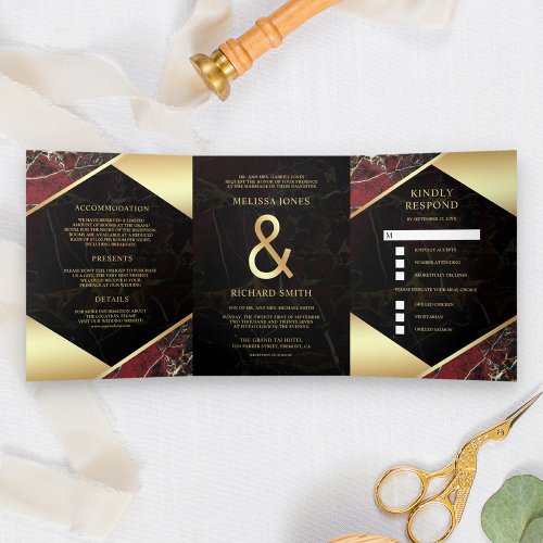 Modern Burgundy Red Gold Marble Ampersand Wedding Tri_Fold Invitation