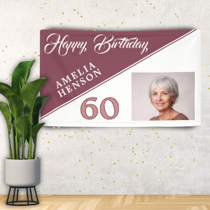 Modern Burgundy Red Happy 60th Birthday Photo Banner