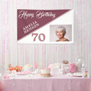 Modern Burgundy Red Happy 70th Birthday Photo  Banner