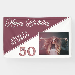 Modern Burgundy Red Happy Birthday Photo Banner