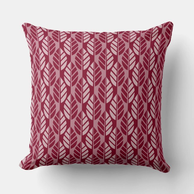 Modern Burgundy Red Leaves Patterned Throw Pillow (Front)