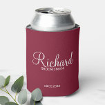 Modern Burgundy Red Personalized Groomsman Can Cooler<br><div class="desc">Personalized Groomsman Gifts
featuring personalized groomsman's name in white modern script font style with title and wedding date in modern sans serif font style on burgundy red background.

Also perfect for best man,  father of the bride,  bridesmaid,  maid of honor,  mother of the bride and more.</div>