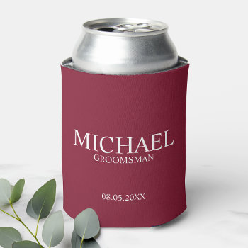 Modern Burgundy Red Personalized Groomsman Can Cooler by manadesignco at Zazzle