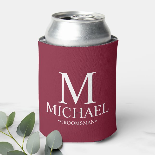 Modern Burgundy Red Personalized Groomsman Can Cooler (Creator Uploaded)