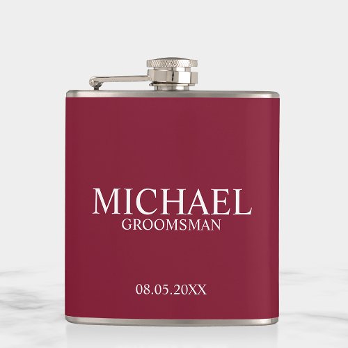 Modern Burgundy Red Personalized Groomsman Flask