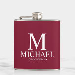 Modern Burgundy Red Personalized Groomsman Flask<br><div class="desc">Modern Personalized Groomsman Gifts
featuring personalized monogram,  groomsman's name and title in white classic serif font style on burgundy red background.

Also perfect for Best Man,  Father of the Bride and more.</div>