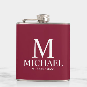 Modern Burgundy Red Personalized Groomsman Flask