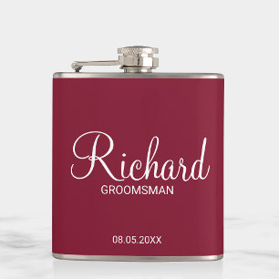 Modern Burgundy Red Personalized Groomsman Flask
