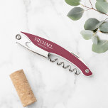 Modern Burgundy Red Personalized Groomsmen Waiter's Corkscrew<br><div class="desc">Modern Personalized Groomsmen Corkscrew.
This design features personalized groomsman's name and title in white classic serif font style on burgundy red background.

Also perfect for best man,  father of the bride and more.</div>
