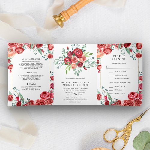 Modern Burgundy Red Roses Floral 3 in 1 Wedding Tri_Fold Invitation