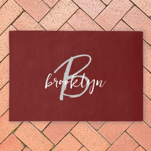 Modern Burgundy Red Script Monogram Outdoor Rug