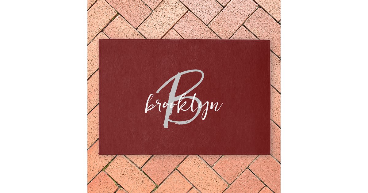Modern Burgundy Red Script Monogram Outdoor Rug | Zazzle