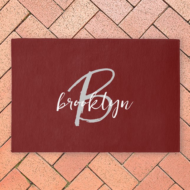 Modern Burgundy Red Script Monogram  Outdoor Rug (Creator Uploaded)
