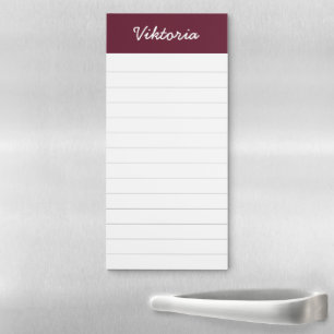 Modern Burgundy Red Script Name Grocery List Magnetic Notepad