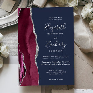Modern Burgundy Red Silver Agate Navy Blue Wedding Foil Invitation