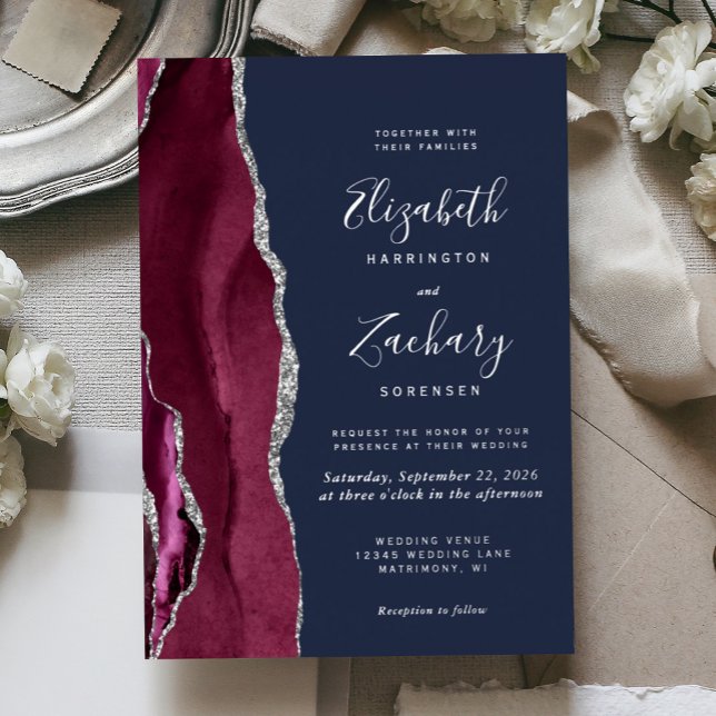 Modern Burgundy Red Silver Agate Navy Blue Wedding Foil Invitation (Creator Uploaded)